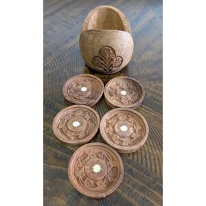 Vintage Hand-Carved Wooden Coaster Set w/ Holder – Floral Design – Solid Wood